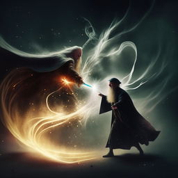 In a tension-charged display, Albus Dumbledore and Gandalf are physically fighting each other with their magical staffs amidst a whirlwind of energy and forceful action.