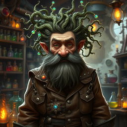 Baern Firetamer, the eccentric old dwarf artificer, characterized by his striking vines for hair, which twist and curl around his head like a wild crown