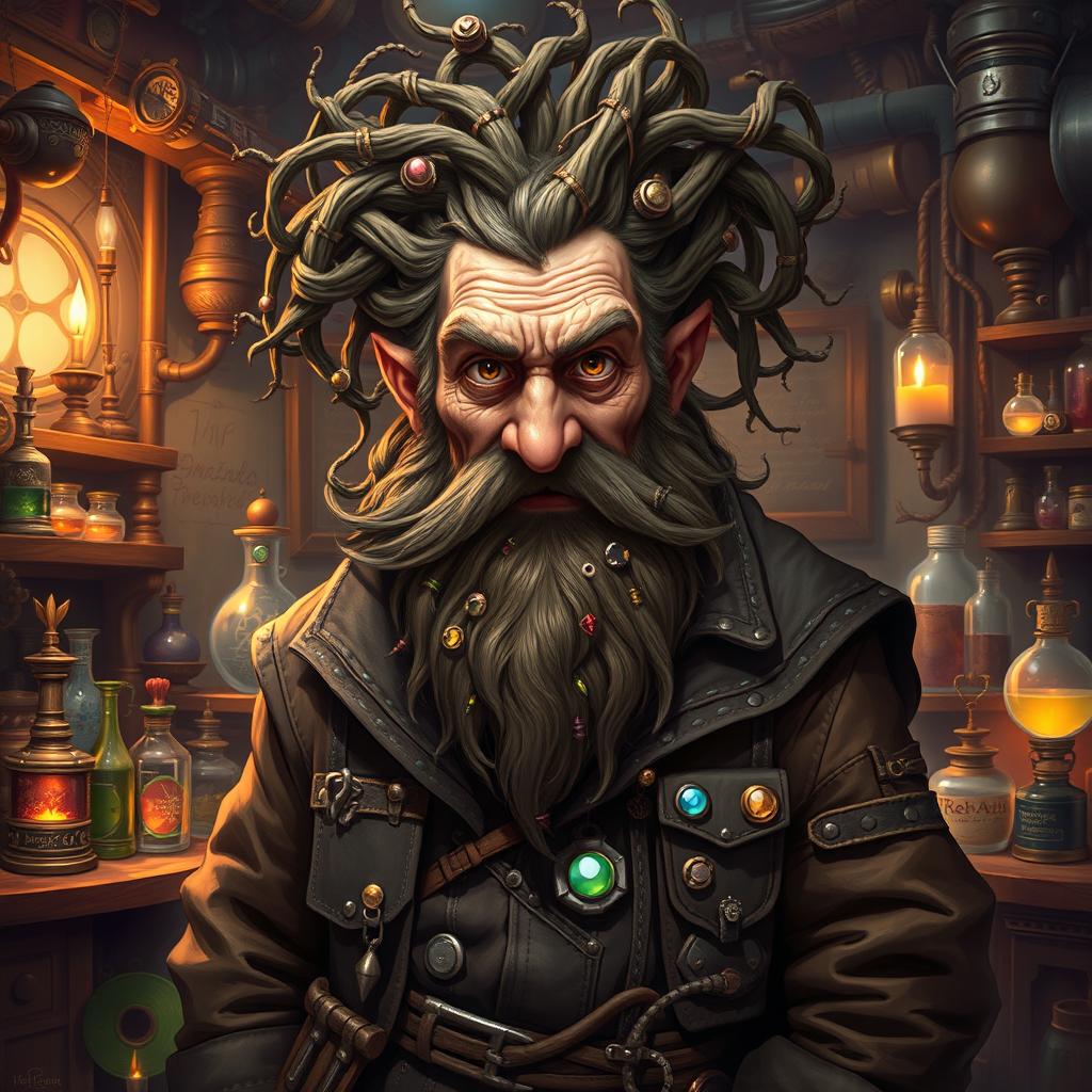 Baern Firetamer, the eccentric old dwarf artificer, characterized by his striking vines for hair, which twist and curl around his head like a wild crown