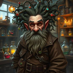 Baern Firetamer, the eccentric old dwarf artificer, characterized by his striking vines for hair, which twist and curl around his head like a wild crown