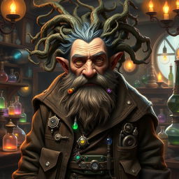Baern Firetamer, the eccentric old dwarf artificer, characterized by his striking vines for hair, which twist and curl around his head like a wild crown