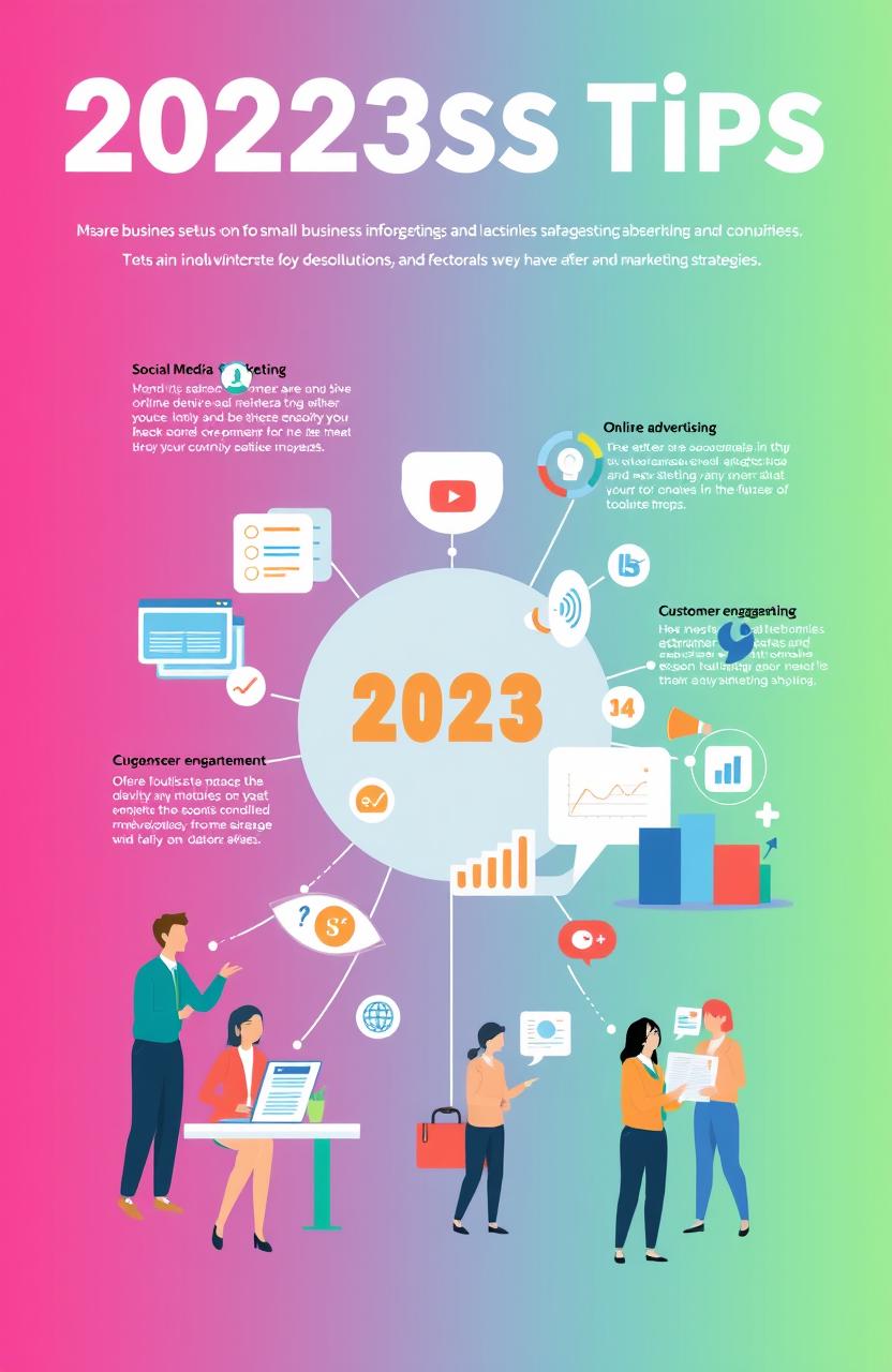 A visually engaging infographic representing essential business tips and marketing strategies for 2023, featuring icons and illustrations for social media marketing, online advertising, customer engagement, influencer partnerships, and data analysis