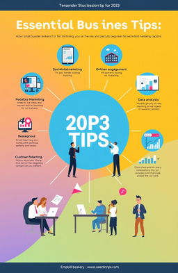 A visually engaging infographic representing essential business tips and marketing strategies for 2023, featuring icons and illustrations for social media marketing, online advertising, customer engagement, influencer partnerships, and data analysis
