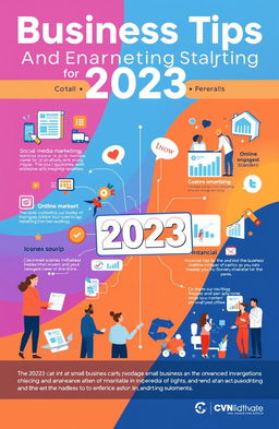A visually engaging infographic representing essential business tips and marketing strategies for 2023, featuring icons and illustrations for social media marketing, online advertising, customer engagement, influencer partnerships, and data analysis