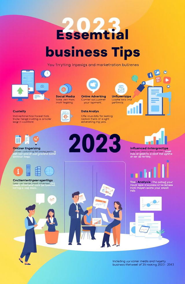 A visually engaging infographic representing essential business tips and marketing strategies for 2023, featuring icons and illustrations for social media marketing, online advertising, customer engagement, influencer partnerships, and data analysis