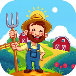 A pixel art icon depicting a joyful farmer, wearing a traditional straw hat and blue overalls, holding a pitchfork in one hand