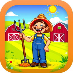 A pixel art icon depicting a joyful farmer, wearing a traditional straw hat and blue overalls, holding a pitchfork in one hand