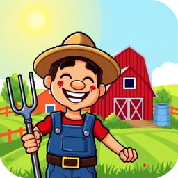 A pixel art icon depicting a joyful farmer, wearing a traditional straw hat and blue overalls, holding a pitchfork in one hand