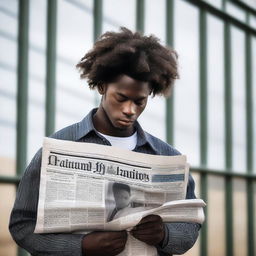 Generate a strong image of a young African American man standing thoughtfully outside San Quentin prison, holding and examining the financial page of a newspaper, symbolizing a pursuit of economic intelligence