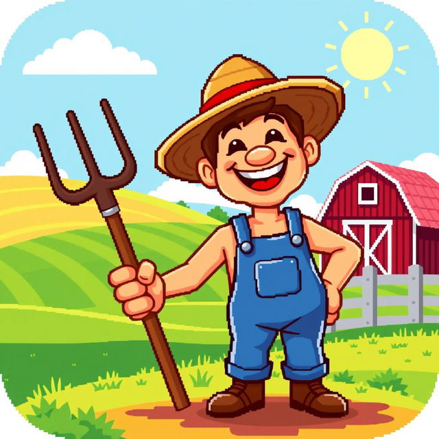 A pixel art icon depicting a joyful farmer, wearing a traditional straw hat and blue overalls, holding a pitchfork in one hand