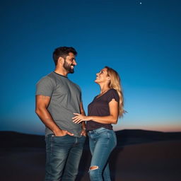 A romantic scene featuring a couple, a handsome brunet man and a beautiful blonde woman