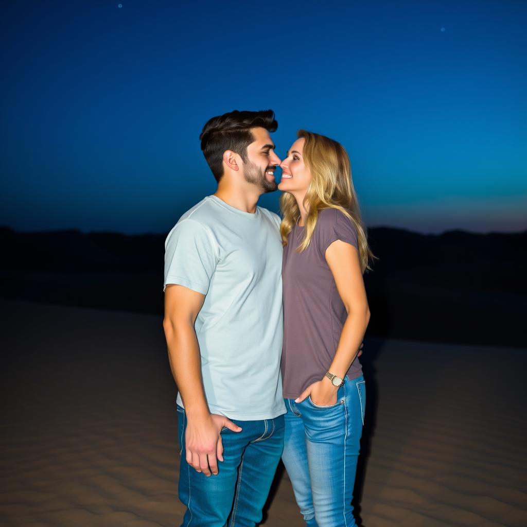 A romantic scene featuring a couple, a handsome brunet man and a beautiful blonde woman