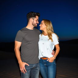 A romantic scene featuring a couple, a handsome brunet man and a beautiful blonde woman