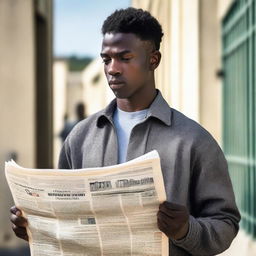 Generate a strong image of a young African American man standing thoughtfully outside San Quentin prison, holding and examining the financial page of a newspaper, symbolizing a pursuit of economic intelligence