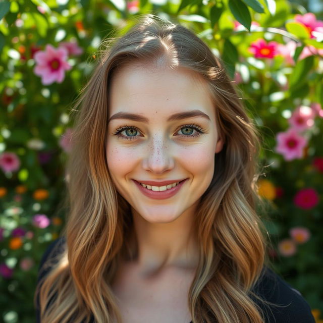 A portrait of a woman with a delicate smile, featuring prominent freckles scattered across her cheeks and nose