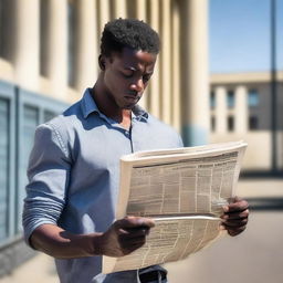 Generate a strong image of a young African American man standing thoughtfully outside San Quentin prison, holding and examining the financial page of a newspaper, symbolizing a pursuit of economic intelligence