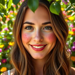 A portrait of a woman with a delicate smile, featuring prominent freckles scattered across her cheeks and nose