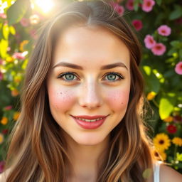 A portrait of a woman with a delicate smile, featuring prominent freckles scattered across her cheeks and nose