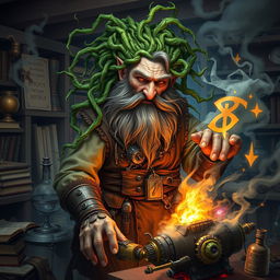 A fantastical scene featuring Baern Firetamer, the mad old dwarf artificer