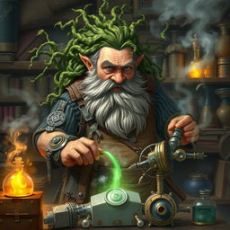 A fantastical scene featuring Baern Firetamer, the mad old dwarf artificer