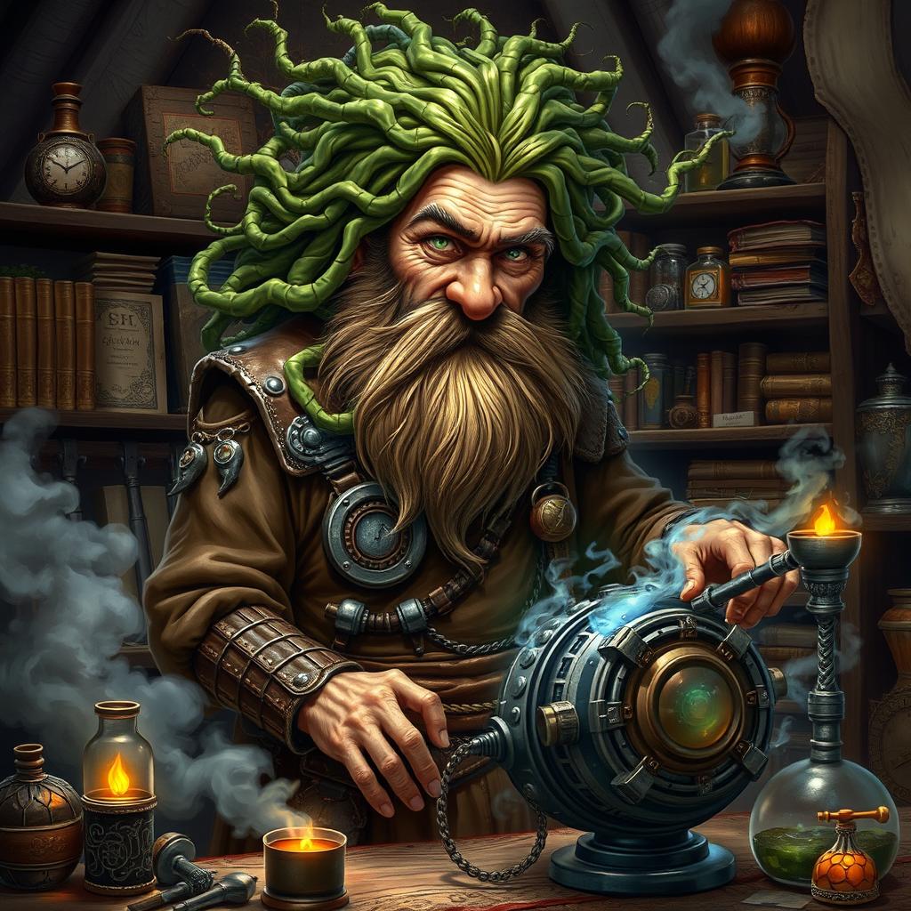 A fantastical scene featuring Baern Firetamer, the mad old dwarf artificer