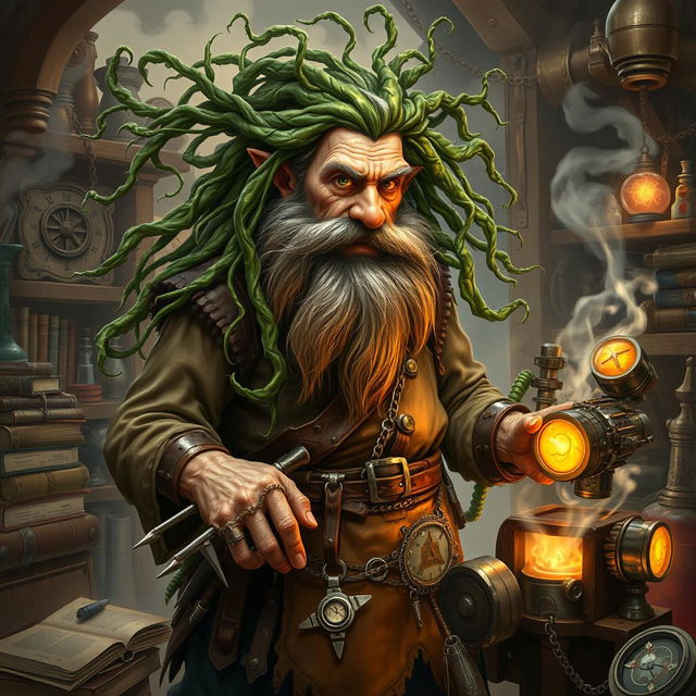 A fantastical scene featuring Baern Firetamer, the mad old dwarf artificer