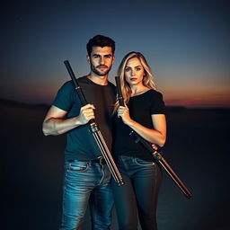 A romantic scene featuring a couple, a handsome brunet man and a stunning blonde woman, both exuding confidence while holding stylish weapons