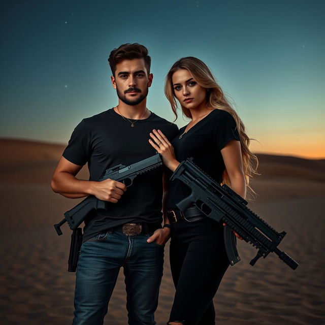 A romantic scene featuring a couple, a handsome brunet man and a stunning blonde woman, both exuding confidence while holding stylish weapons