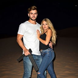 A romantic scene featuring a couple, a handsome brunet man and a stunning blonde woman, both exuding confidence while holding stylish weapons
