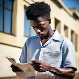 Generate a strong image of a young African American man standing thoughtfully outside San Quentin prison, holding and examining the financial page of a newspaper, symbolizing a pursuit of economic intelligence