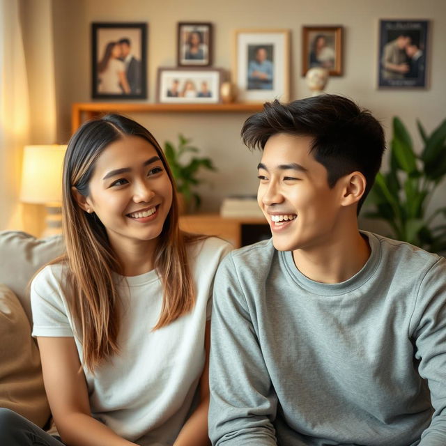 A beautiful 24-year-old woman with fair skin, straight hair, and almond-shaped eyes, alongside her 20-year-old younger brother