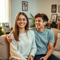 A beautiful 24-year-old woman with fair skin, straight hair, and almond-shaped eyes, alongside her 20-year-old younger brother