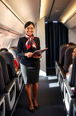 A stylish and professional flight attendant standing in the aisle of a modern airplane, wearing a smart uniform with a tailored jacket, a colorful scarf tied around the neck, and polished shoes