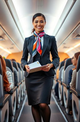 A stylish and professional flight attendant standing in the aisle of a modern airplane, wearing a smart uniform with a tailored jacket, a colorful scarf tied around the neck, and polished shoes