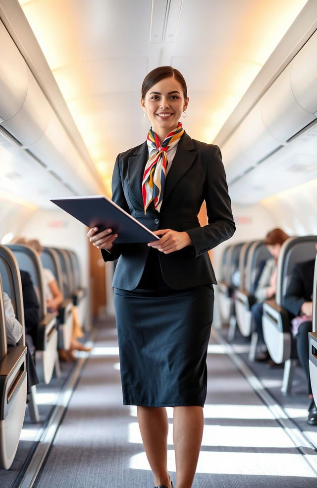 A stylish and professional flight attendant standing in the aisle of a modern airplane, wearing a smart uniform with a tailored jacket, a colorful scarf tied around the neck, and polished shoes