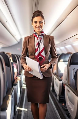 A stylish and professional flight attendant standing in the aisle of a modern airplane, wearing a smart uniform with a tailored jacket, a colorful scarf tied around the neck, and polished shoes