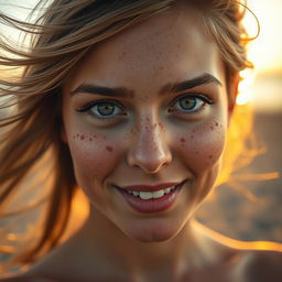 A beautiful close-up portrait of a woman with striking freckles adorning her cheeks and nose