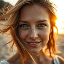 A beautiful close-up portrait of a woman with striking freckles adorning her cheeks and nose