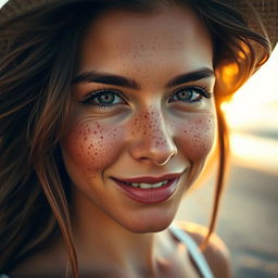 A beautiful close-up portrait of a woman with striking freckles adorning her cheeks and nose