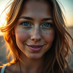 A beautiful close-up portrait of a woman with striking freckles adorning her cheeks and nose