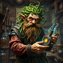 A fantastical portrayal of Baern Firetamer, the mad old dwarf artificer