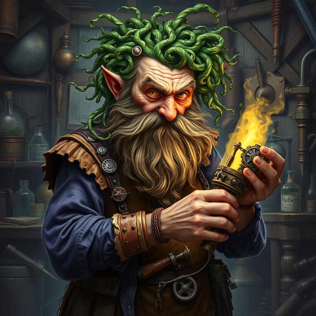 A fantastical portrayal of Baern Firetamer, the mad old dwarf artificer