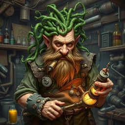 A fantastical portrayal of Baern Firetamer, the mad old dwarf artificer