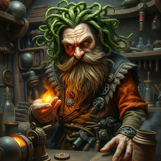 A fantastical portrayal of Baern Firetamer, the mad old dwarf artificer