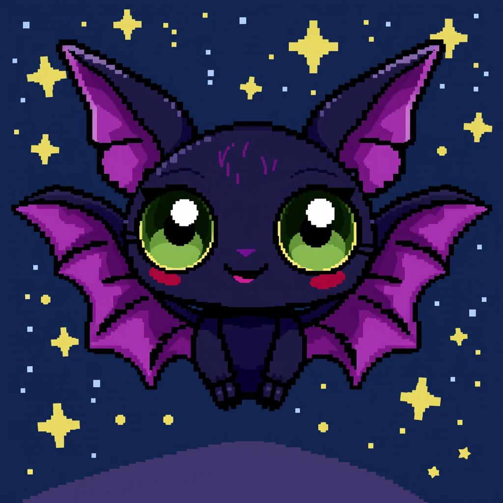 A pixel art character resembling a bat, with large, expressive eyes and detailed wings