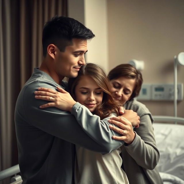 A touching scene in a hospital setting where a young dad with short black hair is warmly hugging his teenage daughter