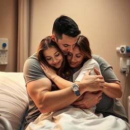 A touching scene in a hospital setting where a young dad with short black hair is warmly hugging his teenage daughter