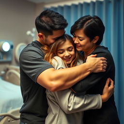 A touching scene in a hospital setting where a young dad with short black hair is warmly hugging his teenage daughter