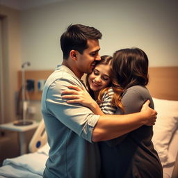 A touching scene in a hospital setting where a young dad with short black hair is warmly hugging his teenage daughter