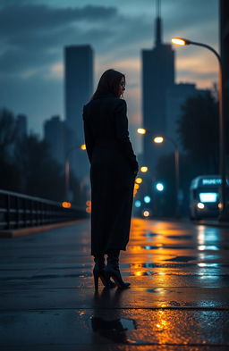 A striking image of a person, dressed in a flowing long coat, standing alone on a deserted street at dusk, with their back turned as they look over their shoulder